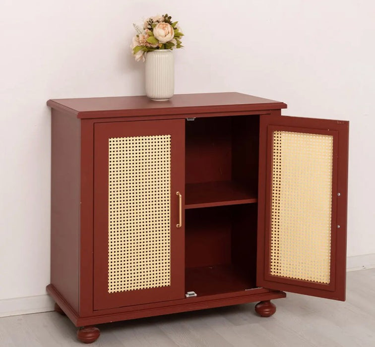 Kleine Kommode aus Massivholz | Rattan Schrank mit zwei Türen