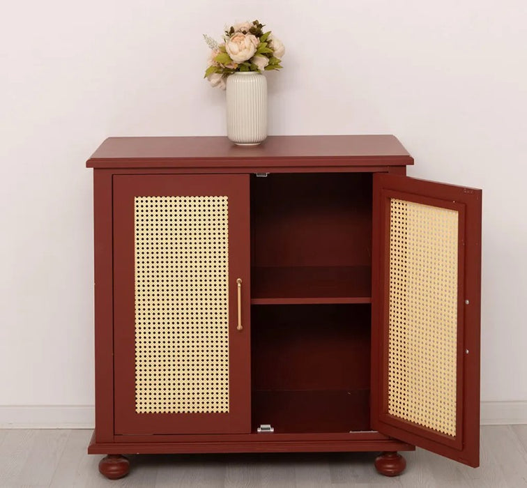 Kleine Kommode aus Massivholz | Rattan Schrank mit zwei Türen
