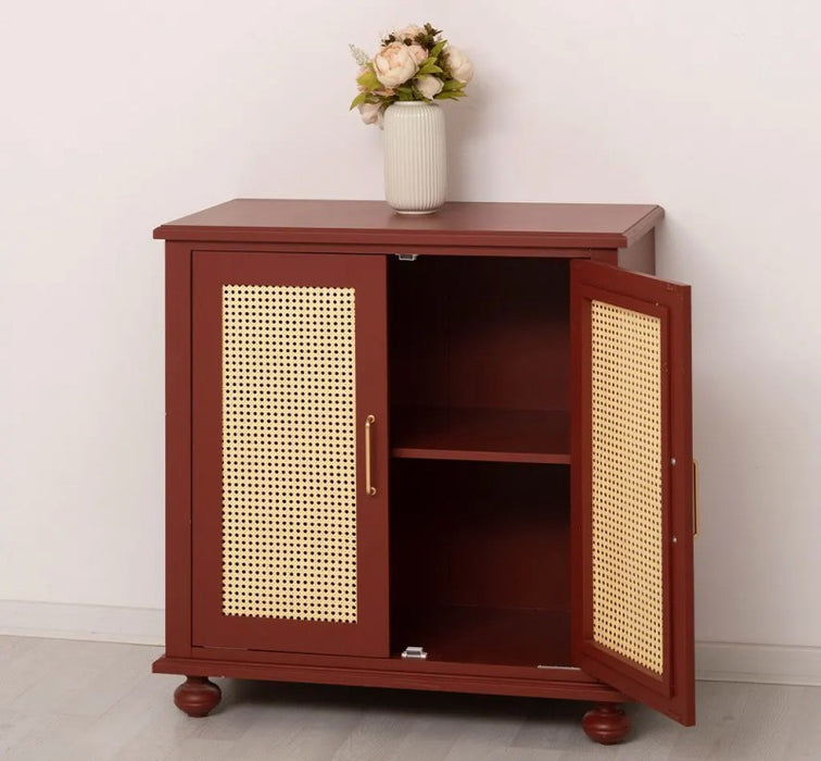 Kleine Kommode aus Massivholz | Rattan Schrank mit zwei Türen