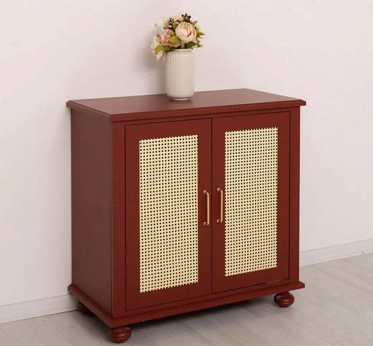 Kleine Kommode aus Massivholz | Rattan Schrank mit zwei Türen