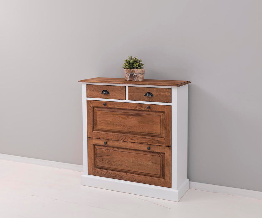 Landhaus Schuhschrank mit zwei Kippfächern aus massiver Eiche