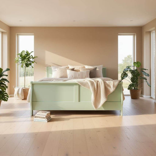 modernes-schlafzimmer-licht-links-pflanzen-Landhausbett-mit-geschwungenem-Kopf-und-Fussteil-mit-Schubkaesten