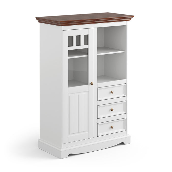 Kleine Vitrinenkommode Belluno Elegante in Weiß | Sideboard mit Schubladen und Tür