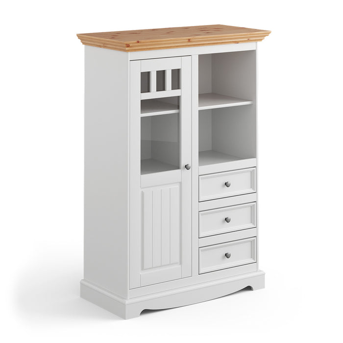 Kleine Vitrinenkommode Belluno Elegante in Weiß | Sideboard mit Schubladen und Tür