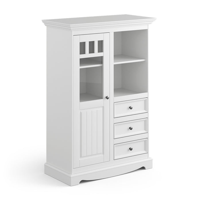 Kleine Vitrinenkommode Belluno Elegante in Weiß | Sideboard mit Schubladen und Tür