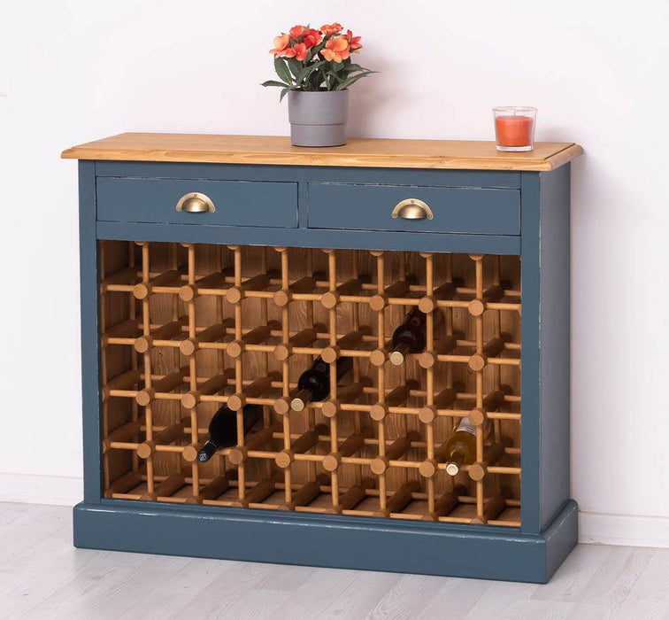 Weinschrank aus Massivholz mit zwei Schubladen | Sideboard mit Platz für 45 Flaschen - Vintage Blau