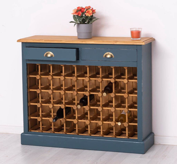 Weinschrank aus Massivholz mit zwei Schubladen | Sideboard mit Platz für 45 Flaschen - Vintage Blau