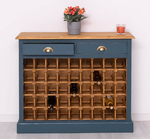 Weinschrank aus Massivholz mit zwei Schubladen | Sideboard mit Platz für 45 Flaschen - Vintage Blau