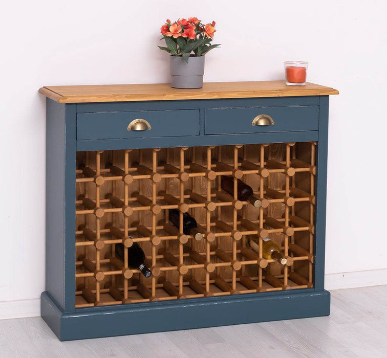 Weinschrank aus Massivholz mit zwei Schubladen | Sideboard mit Platz für 45 Flaschen - Vintage Blau