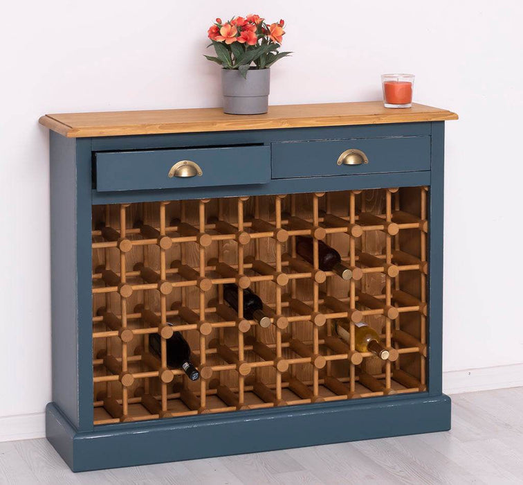 Weinschrank aus Massivholz mit zwei Schubladen | Sideboard mit Platz für 45 Flaschen - Vintage Blau