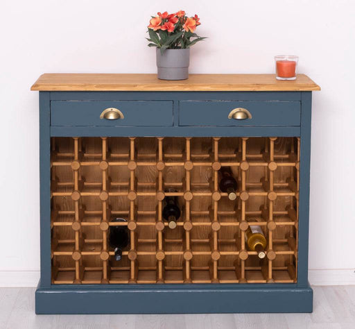 Weinschrank aus Massivholz mit zwei Schubladen | Sideboard mit Platz für 45 Flaschen - Vintage Blau