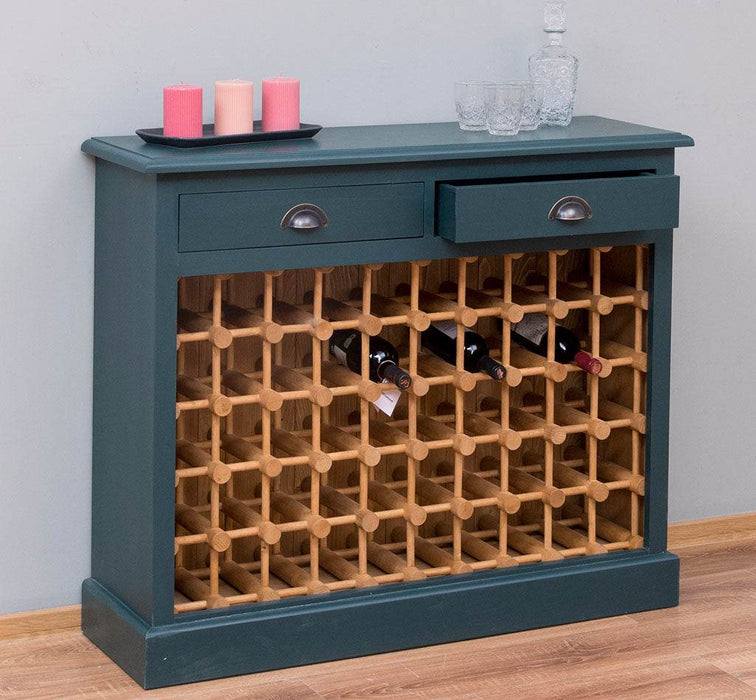 Weinschrank aus Massivholz mit zwei Schubladen | Sideboard mit Platz für 45 Flaschen - Vintage Blau