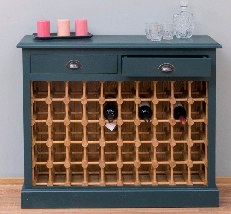 Weinschrank aus Massivholz mit zwei Schubladen | Sideboard mit Platz für 45 Flaschen - Vintage Blau