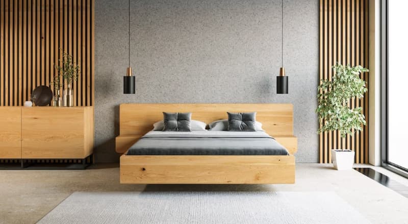 schlafzimmer-eiche-schwebebett-mit-integrierten-nachttischen-industrial-Sideboard-Wandpaneele-akustik