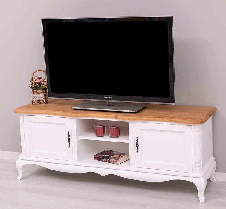 TV Sideboard aus Massivholz mit 2 Türen | Kommode mit geschwungenen Füßen | Eichenplatte - 