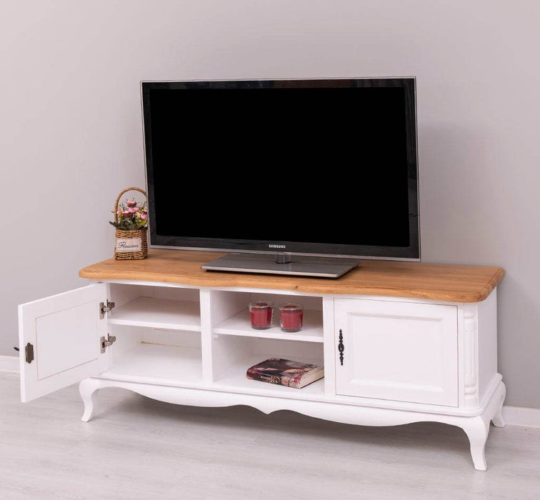 TV Sideboard aus Massivholz mit 2 Türen | Kommode mit geschwungenen Füßen | Eichenplatte - 