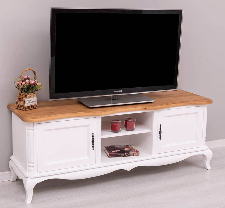 TV Sideboard aus Massivholz mit 2 Türen | Kommode mit geschwungenen Füßen | Eichenplatte - 