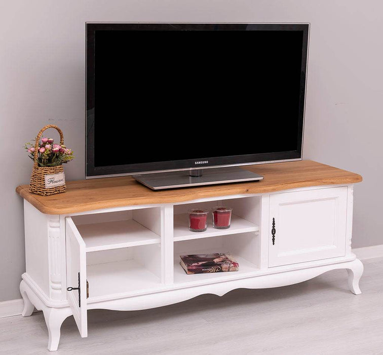 TV Sideboard aus Massivholz mit 2 Türen | Kommode mit geschwungenen Füßen | Eichenplatte - 