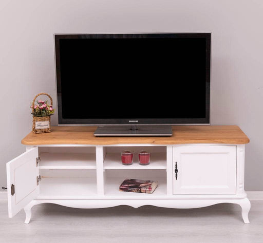 TV Sideboard aus Massivholz mit 2 Türen | Kommode mit geschwungenen Füßen | Eichenplatte - 