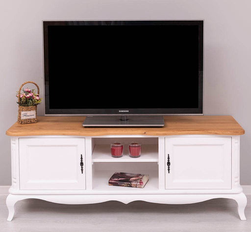 TV Sideboard aus Massivholz mit 2 Türen | Kommode mit geschwungenen Füßen | Eichenplatte - 