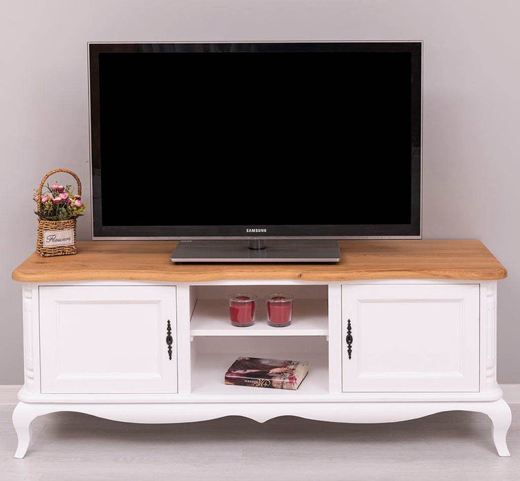 TV Sideboard aus Massivholz mit 2 Türen | Kommode mit geschwungenen Füßen | Eichenplatte - 