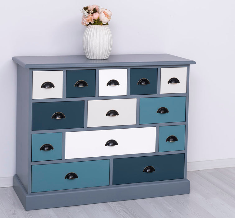 Apothekerschrank - Kommode aus Massivholz mit 13 Schubladen - mehrfarbig - Gewachst - Blaugrau