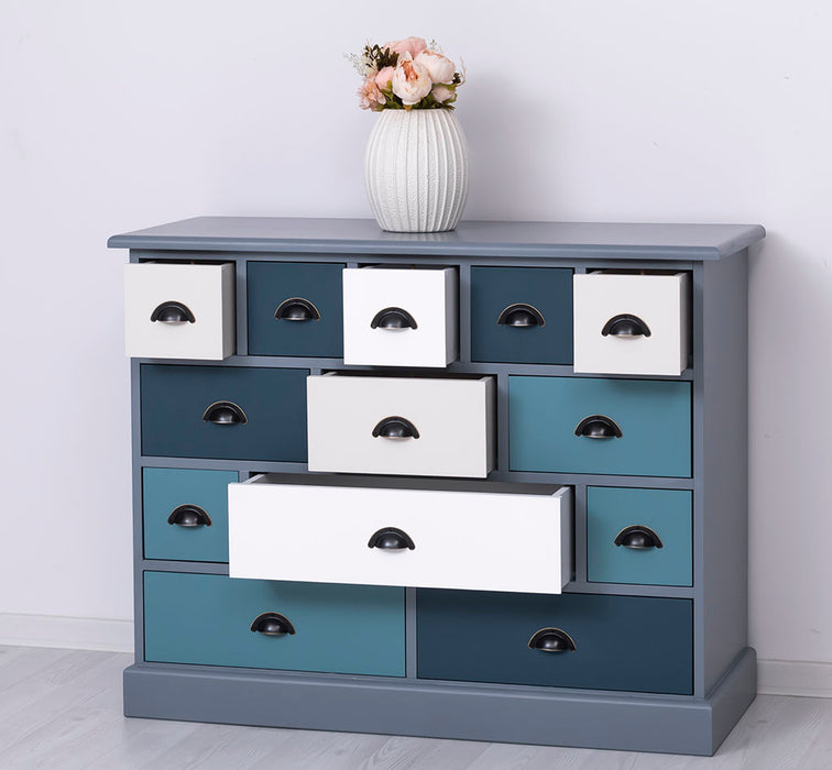 Apothekerschrank - Kommode aus Massivholz mit 13 Schubladen - mehrfarbig - Gewachst - Blaugrau