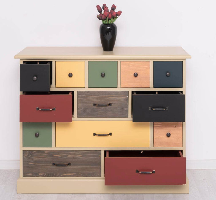 Apothekerschrank - Kommode aus Massivholz mit 13 Schubladen - mehrfarbig - Gewachst - Blaugrau