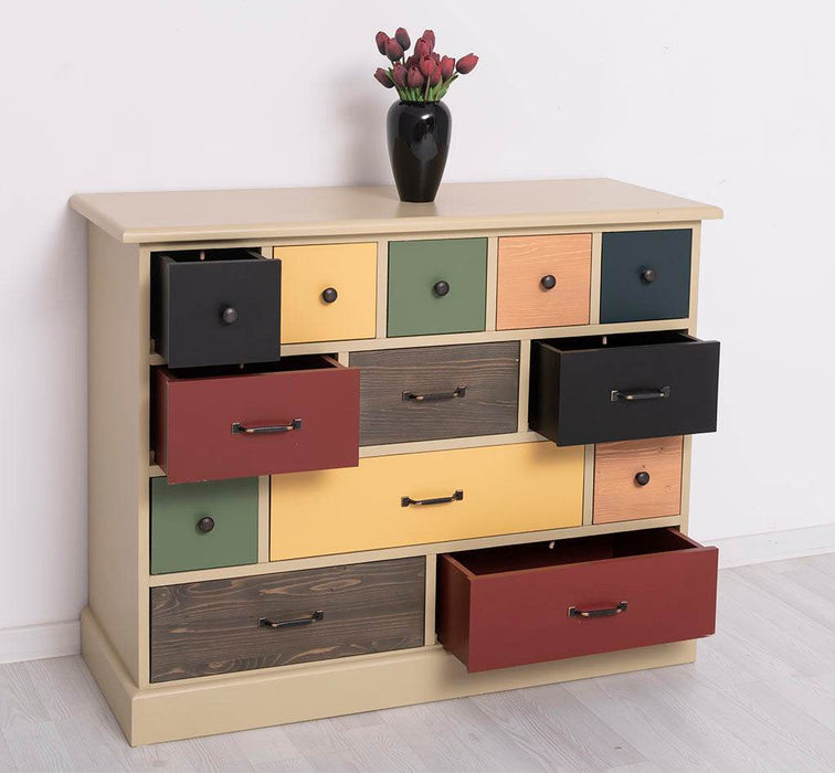 Apothekerschrank - Kommode aus Massivholz mit 13 Schubladen - mehrfarbig - Gewachst - Blaugrau