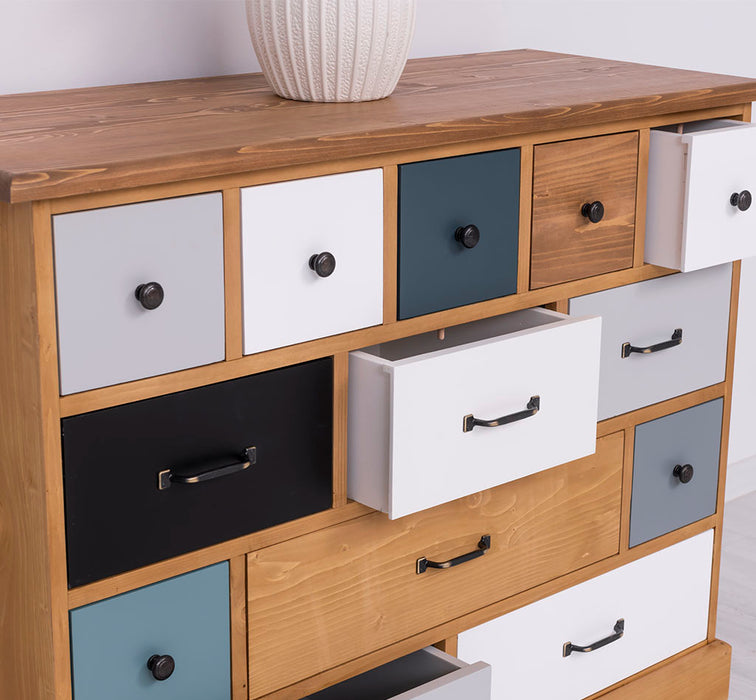 Apothekerschrank - Kommode aus Massivholz mit 13 Schubladen - mehrfarbig - Gewachst - Blaugrau