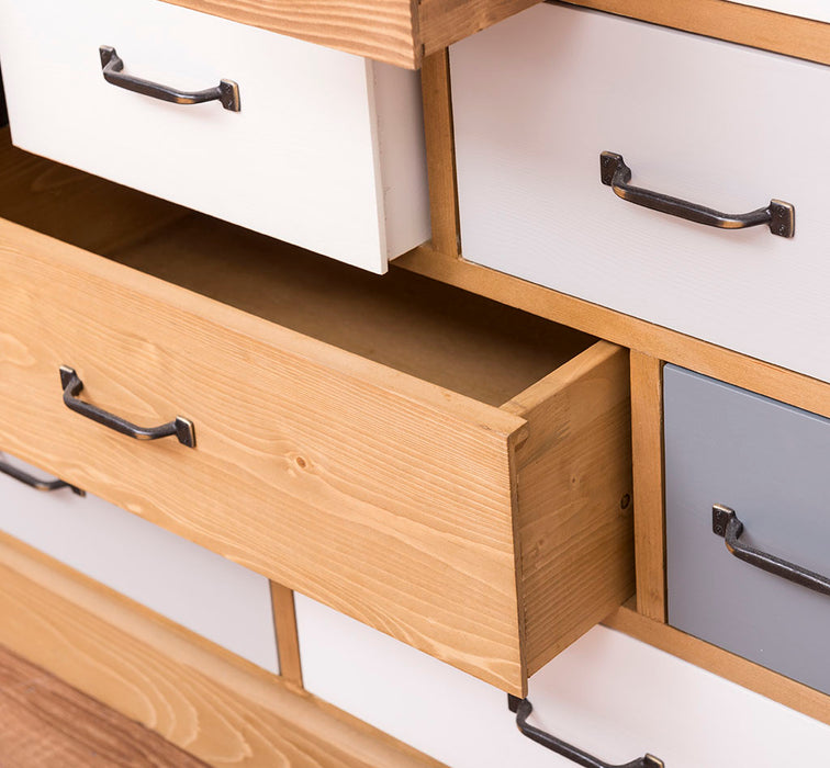 Apothekerschrank - Kommode aus Massivholz mit 13 Schubladen - mehrfarbig - Gewachst - Blaugrau