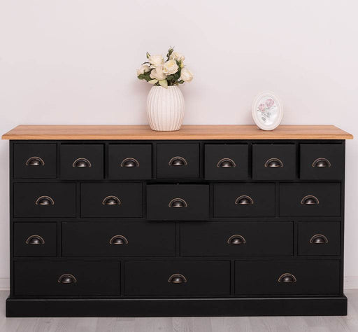 Apothekerschrank aus Massivholz im Landhausstil mit 19 Schubladen mit Eichentop - Eiche - Schwarz