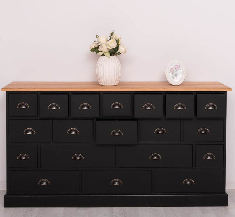 Apothekerschrank aus Massivholz im Landhausstil mit 19 Schubladen mit Eichentop - Eiche - Schwarz