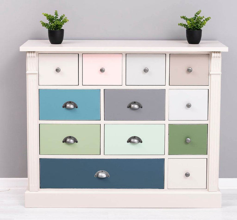 Apothekerschrank aus Massivholz mit 12 Schubladen und Ornamenten - Beige - mehrfarbig