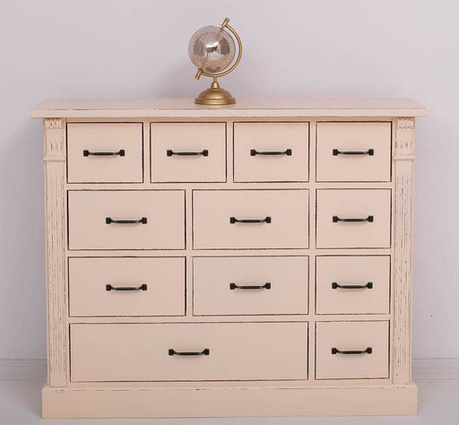Apothekerschrank aus Massivholz mit 12 Schubladen und Ornamenten - Vintage Apricot