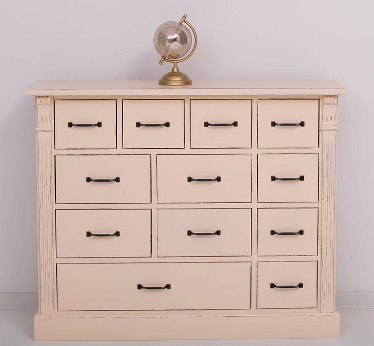 Apothekerschrank aus Massivholz mit 12 Schubladen und Ornamenten - Vintage Apricot