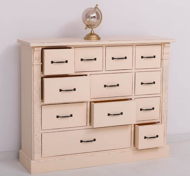 Apothekerschrank aus Massivholz mit 12 Schubladen und Ornamenten - Vintage Apricot