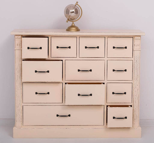 Apothekerschrank aus Massivholz mit 12 Schubladen und Ornamenten - Vintage Apricot
