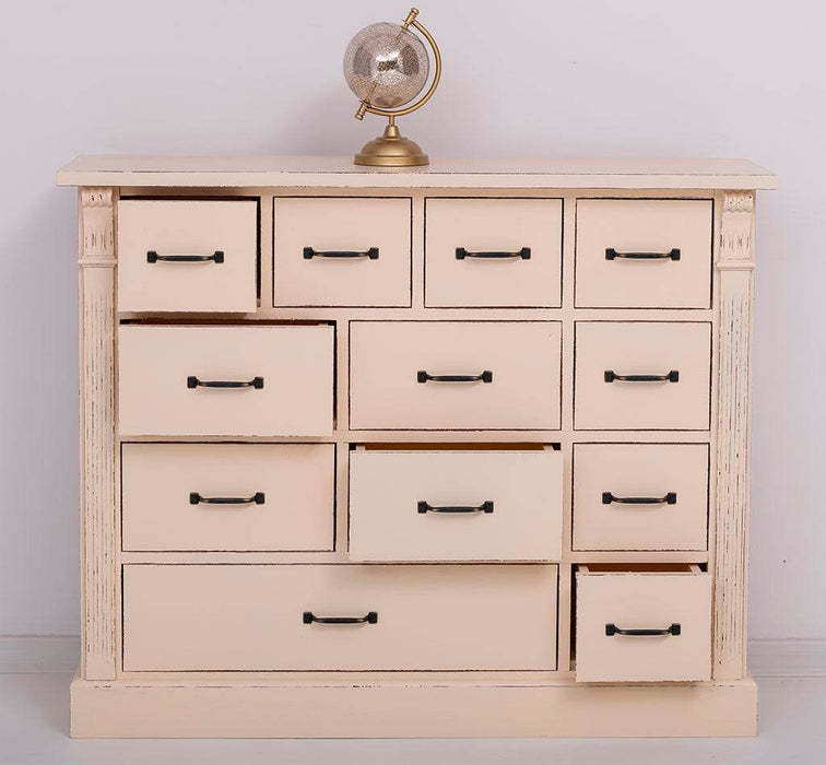 Apothekerschrank aus Massivholz mit 12 Schubladen und Ornamenten - Vintage Apricot