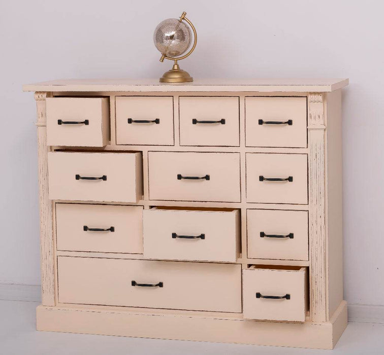 Apothekerschrank aus Massivholz mit 12 Schubladen und Ornamenten - Vintage Apricot