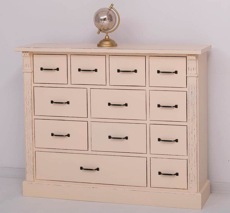 Apothekerschrank aus Massivholz mit 12 Schubladen und Ornamenten - Vintage Apricot