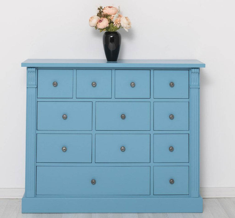 Apothekerschrank aus Massivholz mit 12 Schubladen und Ornamenten - Blau
