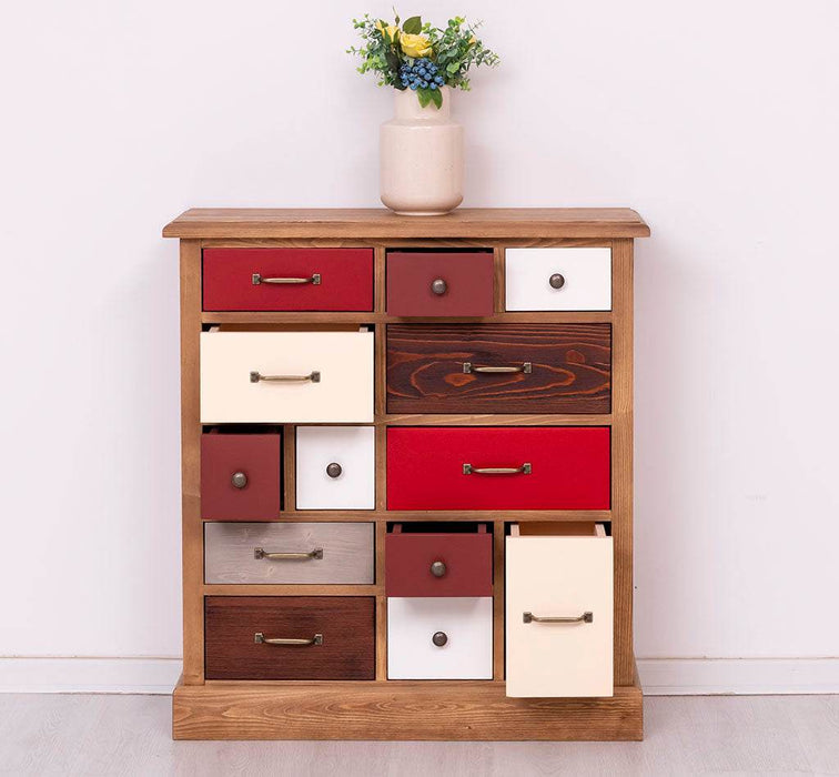 Apothekerschrank aus Massivholz mit 13 Schubladen - mehrfarbige Kommode - Multi Creme - Eichentop