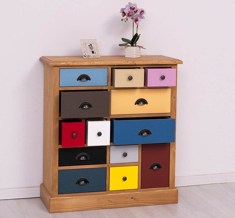 Apothekerschrank aus Massivholz mit 13 Schubladen - mehrfarbige Kommode - Multi Creme - Eichentop