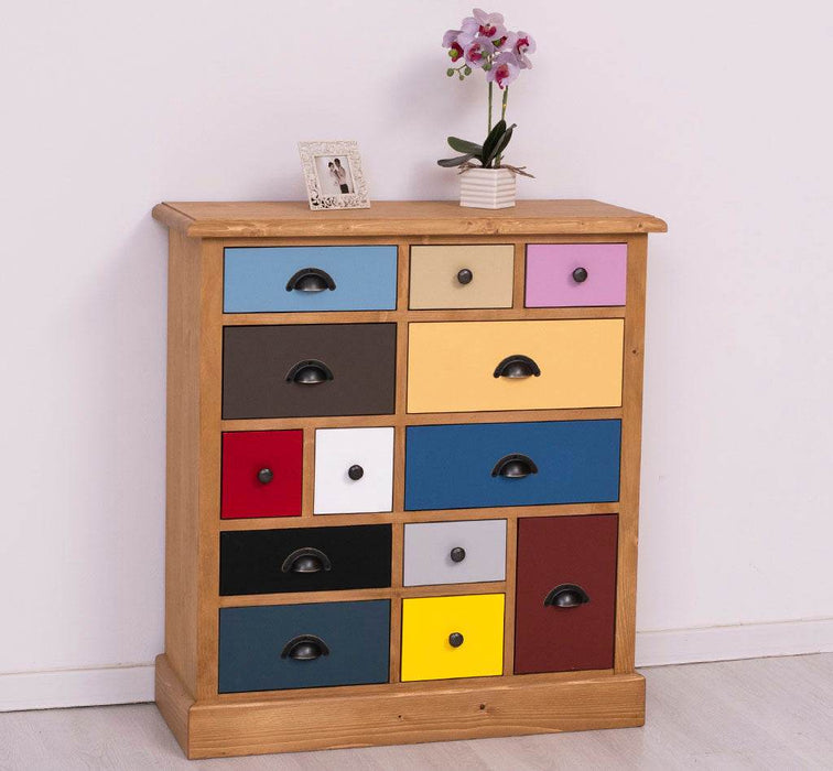 Apothekerschrank aus Massivholz mit 13 Schubladen - mehrfarbige Kommode - Multi Creme - Eichentop
