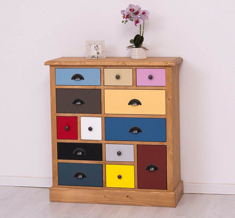 Apothekerschrank aus Massivholz mit 13 Schubladen - mehrfarbige Kommode - Multi Creme - Eichentop