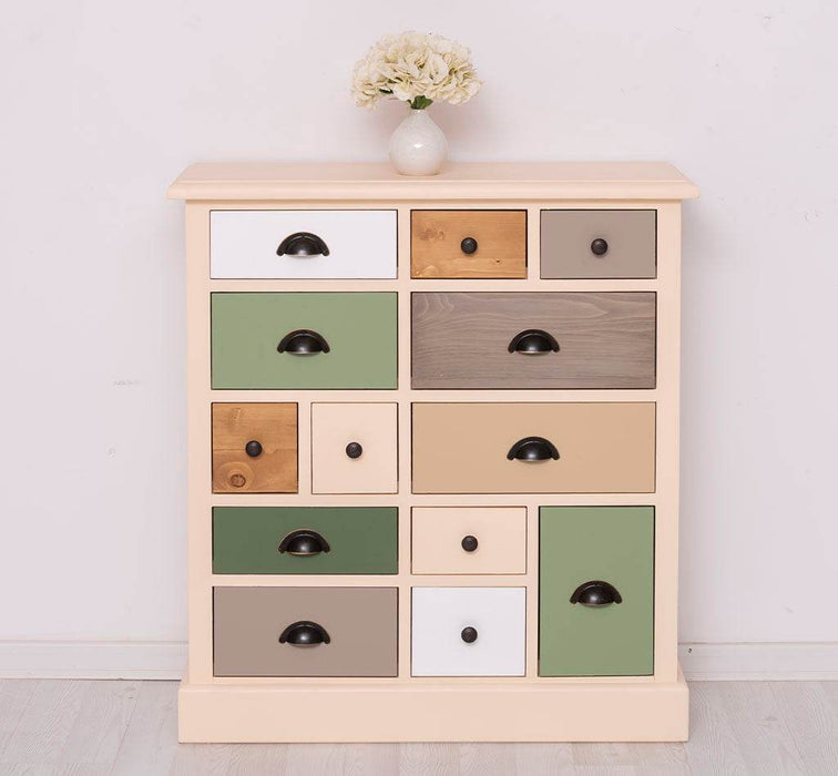 Apothekerschrank aus Massivholz mit 13 Schubladen - mehrfarbige Kommode - Beige - Mehrfarbig