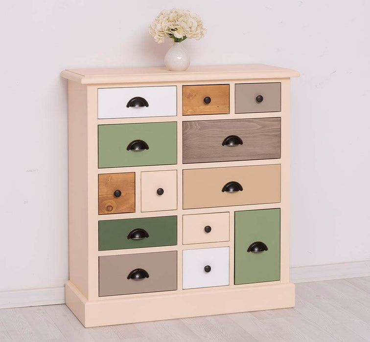 Apothekerschrank aus Massivholz mit 13 Schubladen - mehrfarbige Kommode - Multi Creme - Eichentop