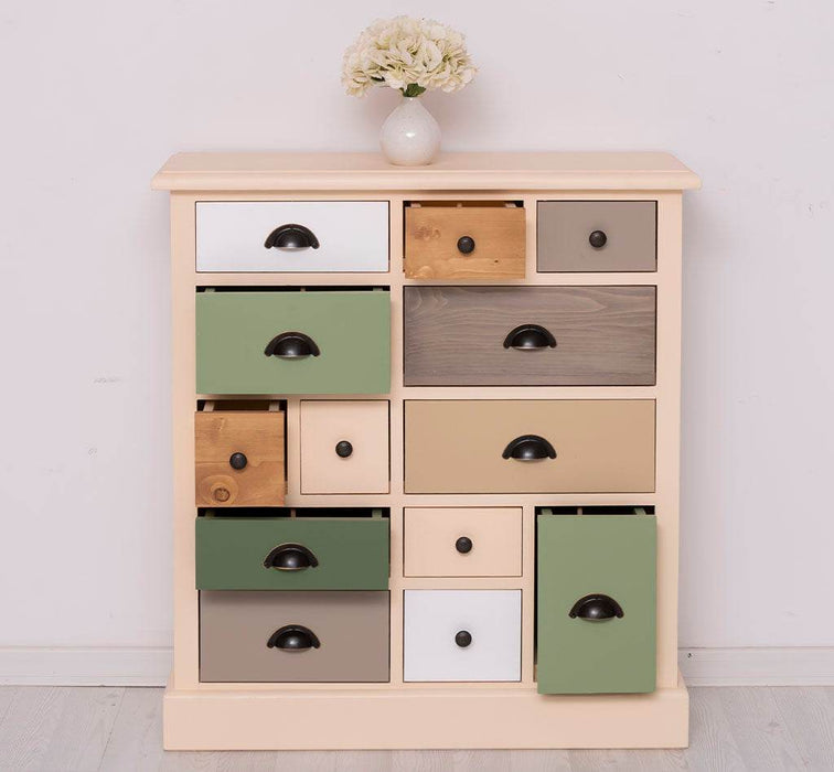 Apothekerschrank aus Massivholz mit 13 Schubladen - mehrfarbige Kommode - Multi Creme - Eichentop