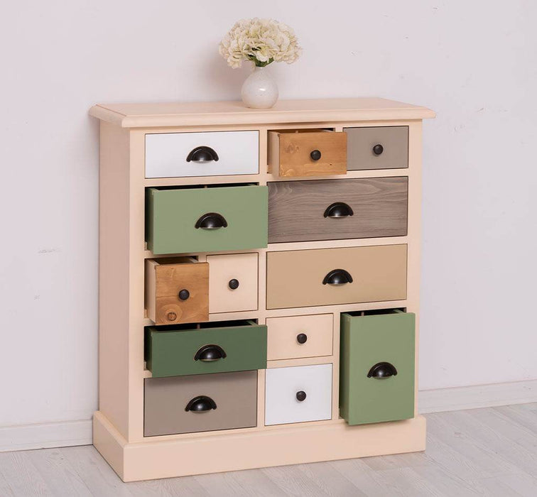 Apothekerschrank aus Massivholz mit 13 Schubladen - mehrfarbige Kommode - Multi Creme - Eichentop